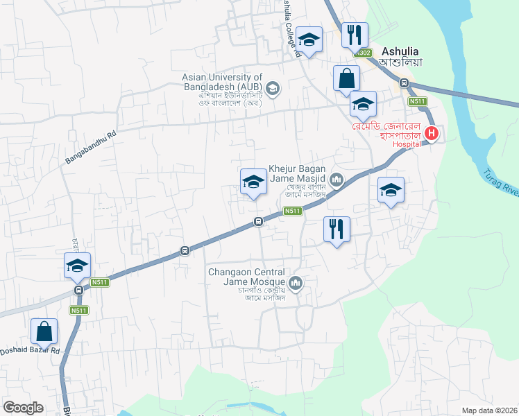 map of restaurants, bars, coffee shops, grocery stores, and more near Anwar Jang Sarak in Ashulia