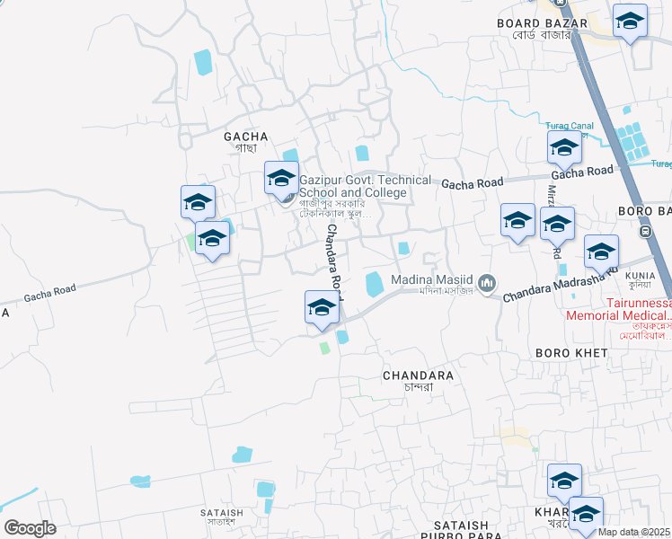 map of restaurants, bars, coffee shops, grocery stores, and more near 1704 Gacha Road in Tongi