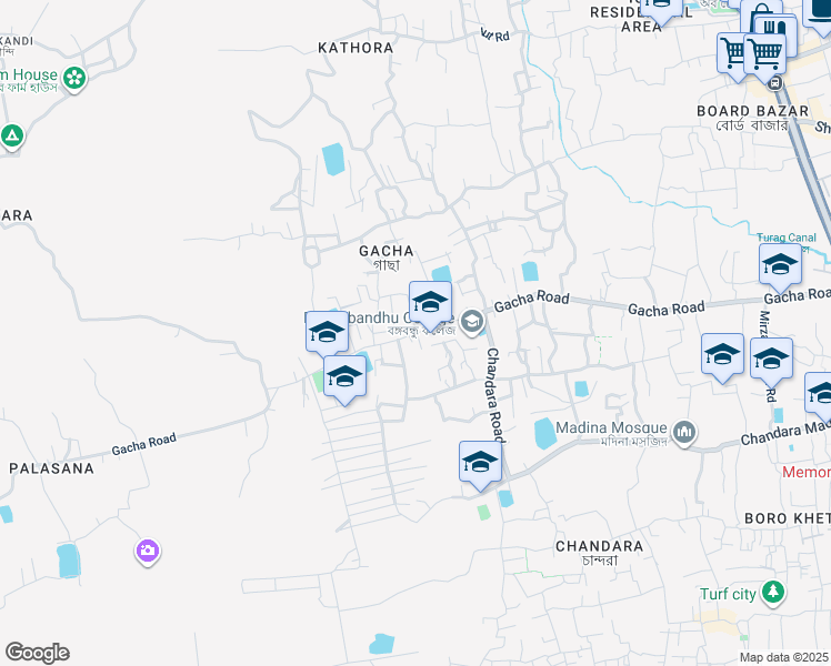 map of restaurants, bars, coffee shops, grocery stores, and more near Gacha Road in Tongi