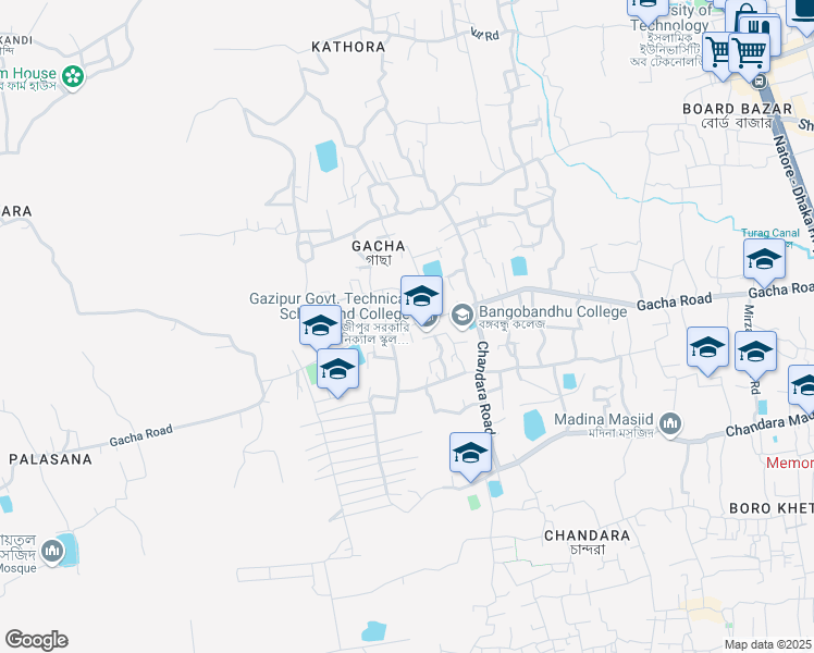 map of restaurants, bars, coffee shops, grocery stores, and more near 1704 Gacha Road in Tongi