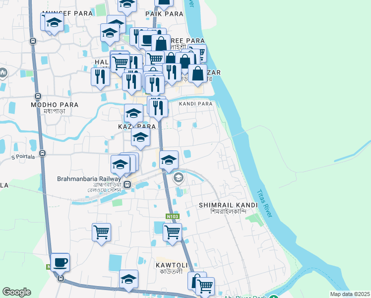 map of restaurants, bars, coffee shops, grocery stores, and more near Power House Road in Brahmanbaria