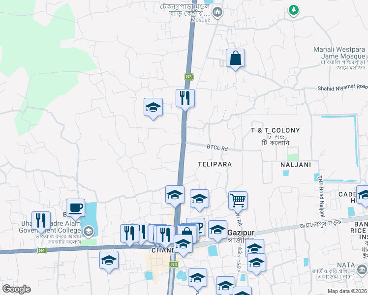 map of restaurants, bars, coffee shops, grocery stores, and more near Dhaka - Mymensingh Road in Gazipur