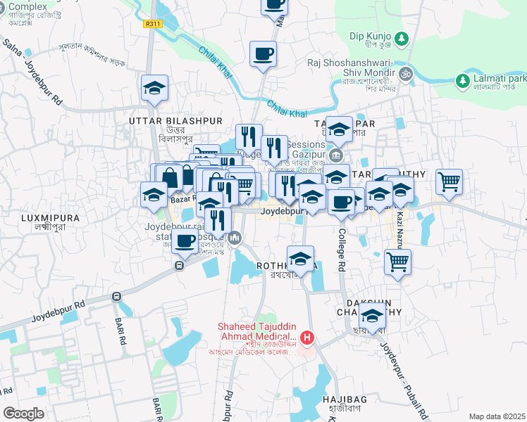 map of restaurants, bars, coffee shops, grocery stores, and more near 1703 Bazar Road in Gazipur