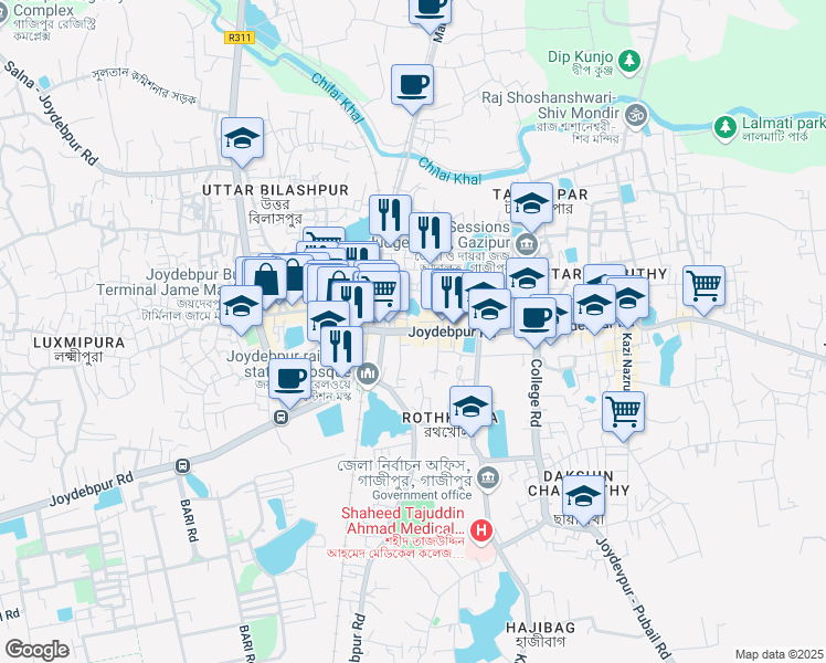 map of restaurants, bars, coffee shops, grocery stores, and more near 1703 Bazar Road in Gazipur