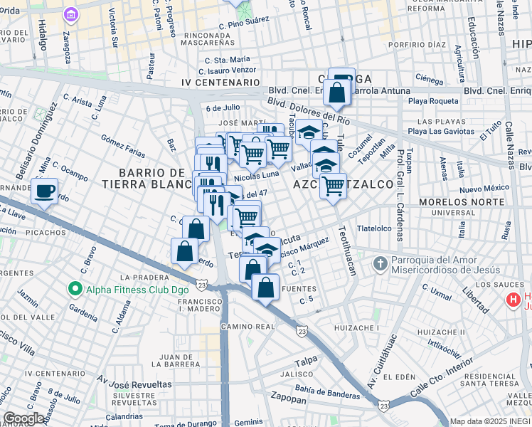 map of restaurants, bars, coffee shops, grocery stores, and more near 309 General Xicoténcatl in Durango