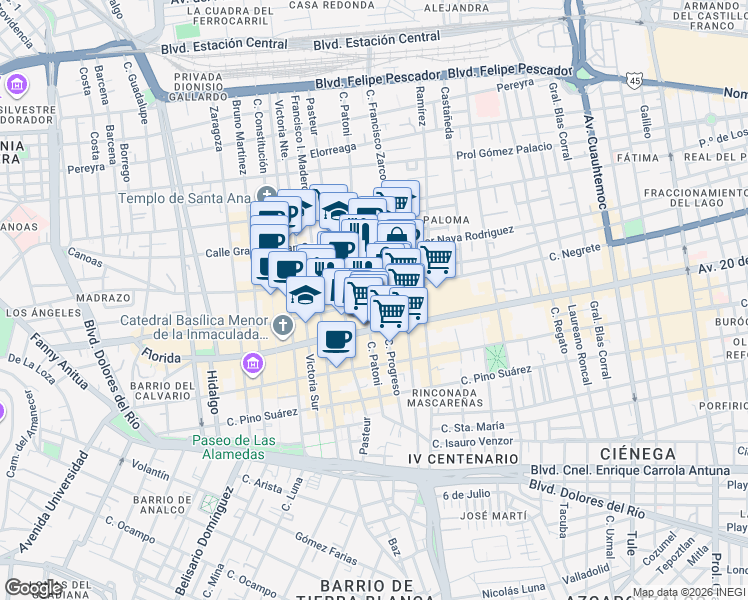 map of restaurants, bars, coffee shops, grocery stores, and more near Calle Cap. Pedro Celestino Negrete in Durango