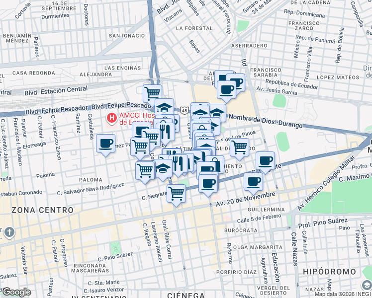 map of restaurants, bars, coffee shops, grocery stores, and more near in Durango