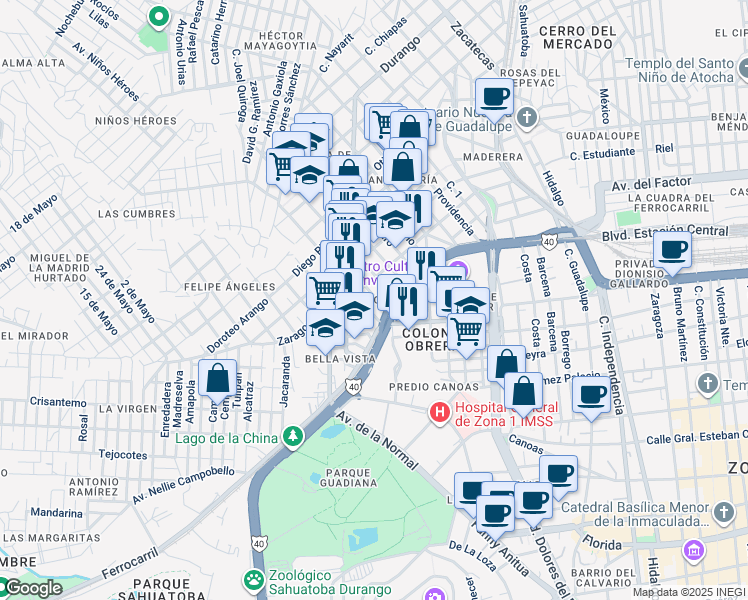 map of restaurants, bars, coffee shops, grocery stores, and more near in Durango
