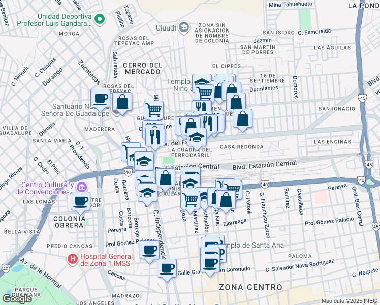 map of restaurants, bars, coffee shops, grocery stores, and more near in Durango
