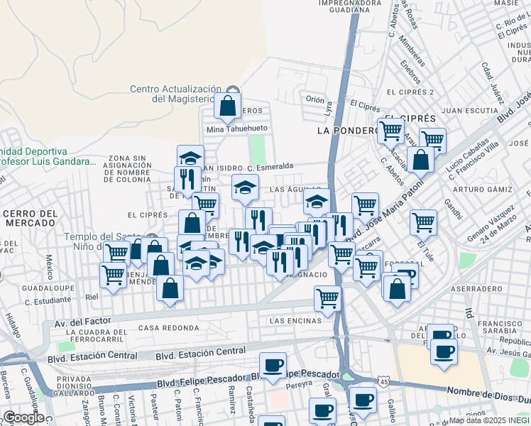 map of restaurants, bars, coffee shops, grocery stores, and more near in Durango