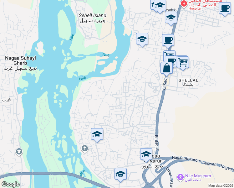map of restaurants, bars, coffee shops, grocery stores, and more near in Aswan 1