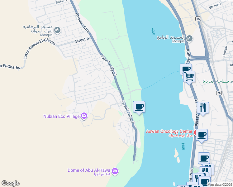 map of restaurants, bars, coffee shops, grocery stores, and more near in Aswan