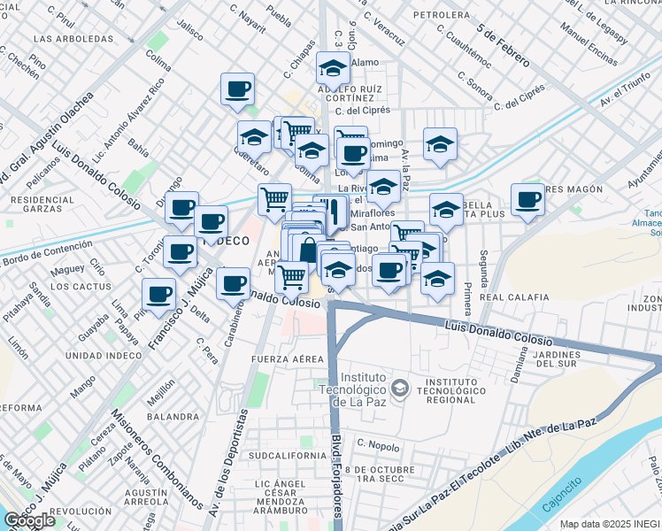 map of restaurants, bars, coffee shops, grocery stores, and more near Boulevard Forjadores in La Paz