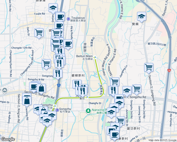 map of restaurants, bars, coffee shops, grocery stores, and more near 379號 Dunfu Road in Beitun District