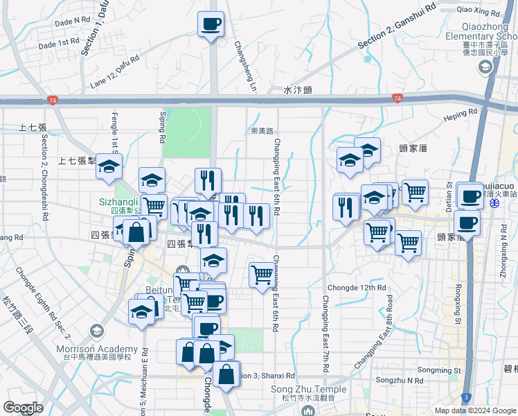 map of restaurants, bars, coffee shops, grocery stores, and more near Chongde 16th Road in Beitun District
