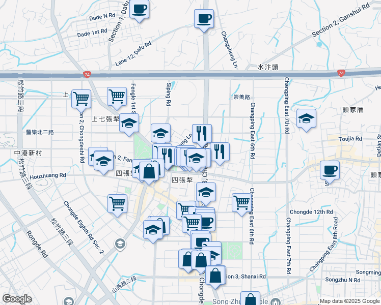 map of restaurants, bars, coffee shops, grocery stores, and more near Chongde 16th Road in Beitun District