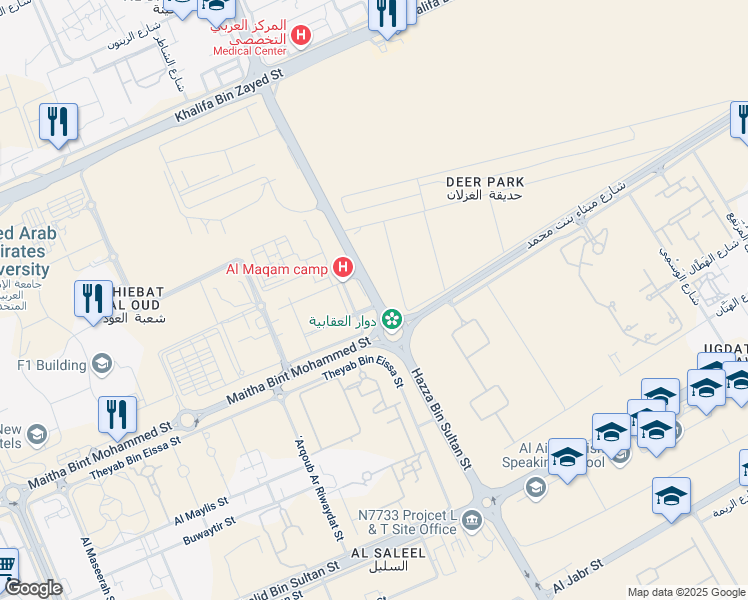 map of restaurants, bars, coffee shops, grocery stores, and more near Hazzaa Bin Sultan Street in Al Ain