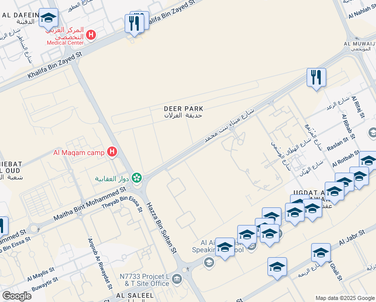 map of restaurants, bars, coffee shops, grocery stores, and more near Al Jamia Street in Al Ain
