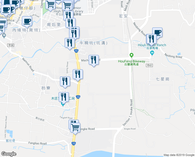 map of restaurants, bars, coffee shops, grocery stores, and more near 1 Machang Road in Houli District