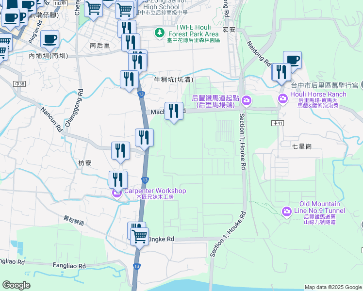 map of restaurants, bars, coffee shops, grocery stores, and more near 1 Machang Road in Houli District