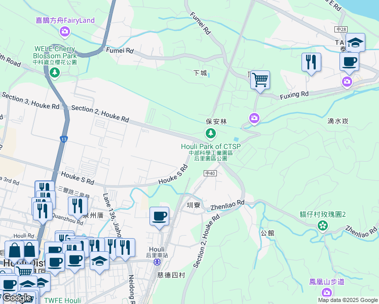 map of restaurants, bars, coffee shops, grocery stores, and more near 2 Houke South Road in Houli District