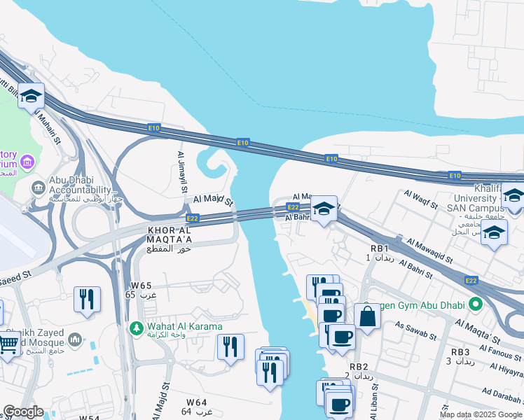 map of restaurants, bars, coffee shops, grocery stores, and more near Al Maqta'a Bridge in Abu Dhabi