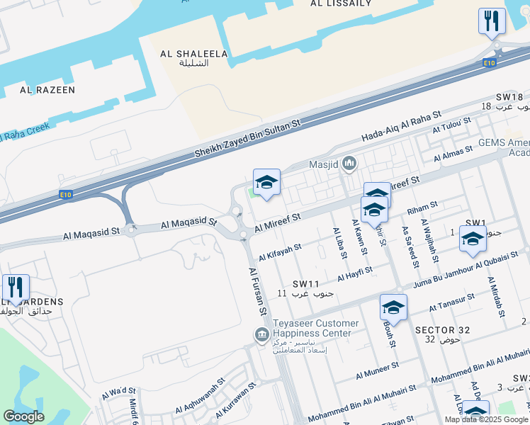 map of restaurants, bars, coffee shops, grocery stores, and more near Al Mireef Street in Abu Dhabi