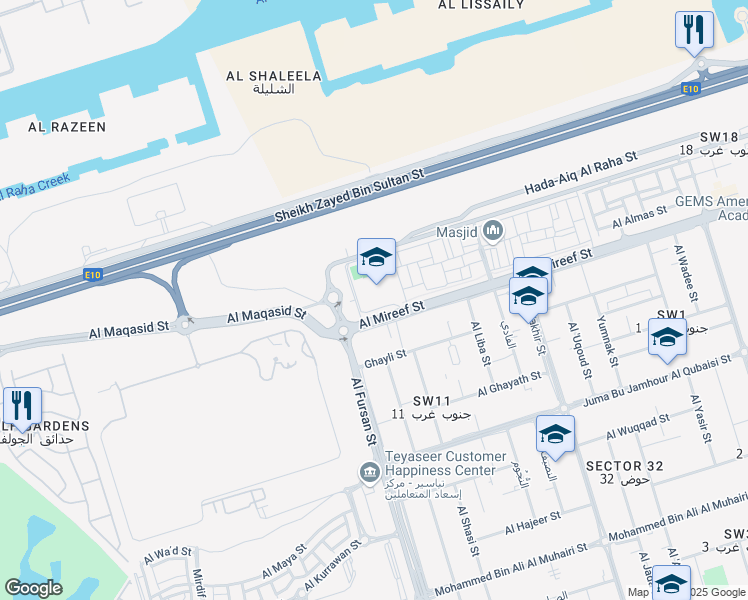 map of restaurants, bars, coffee shops, grocery stores, and more near Al Mireef St in Abu Dhabi