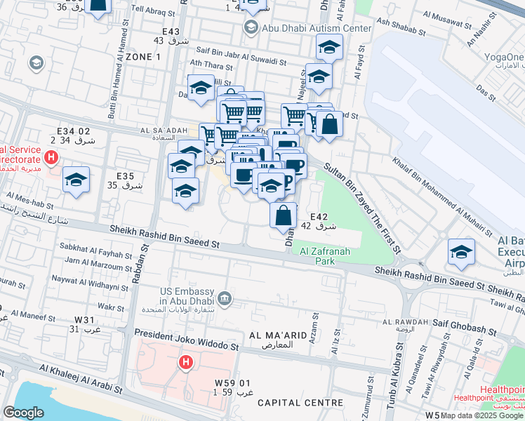 map of restaurants, bars, coffee shops, grocery stores, and more near Dhafeer Street in Abu Dhabi