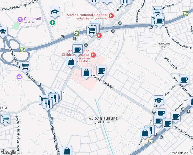 map of restaurants, bars, coffee shops, grocery stores, and more near 7747 Ali Ibn Abi Talib Road in Medina