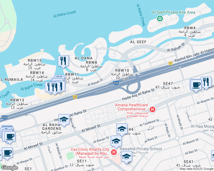map of restaurants, bars, coffee shops, grocery stores, and more near Abu Dhabi - Dubai Motorway in Abu Dhabi