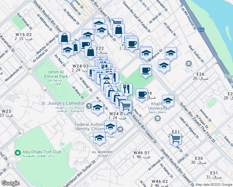 map of restaurants, bars, coffee shops, grocery stores, and more near 2nd Street in Abu Dhabi