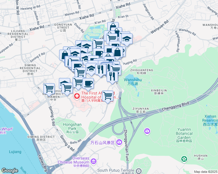 map of restaurants, bars, coffee shops, grocery stores, and more near Hu Yuan Lu in Xia Men Shi