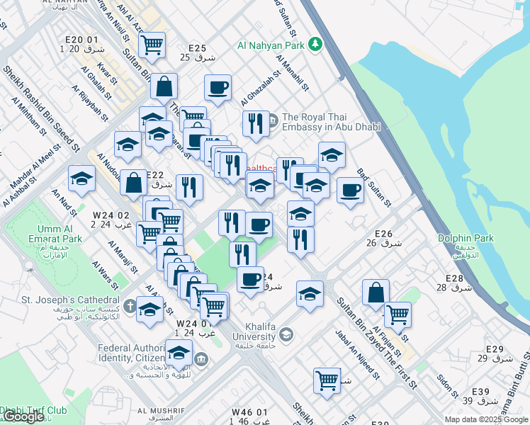 map of restaurants, bars, coffee shops, grocery stores, and more near Muroor Road in Abu Dhabi