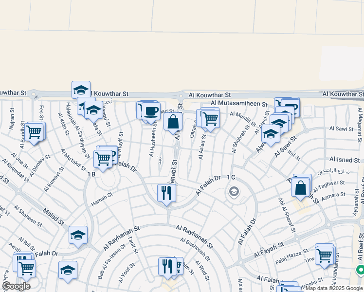 map of restaurants, bars, coffee shops, grocery stores, and more near 35 Al Najah Street in Abu Dhabi