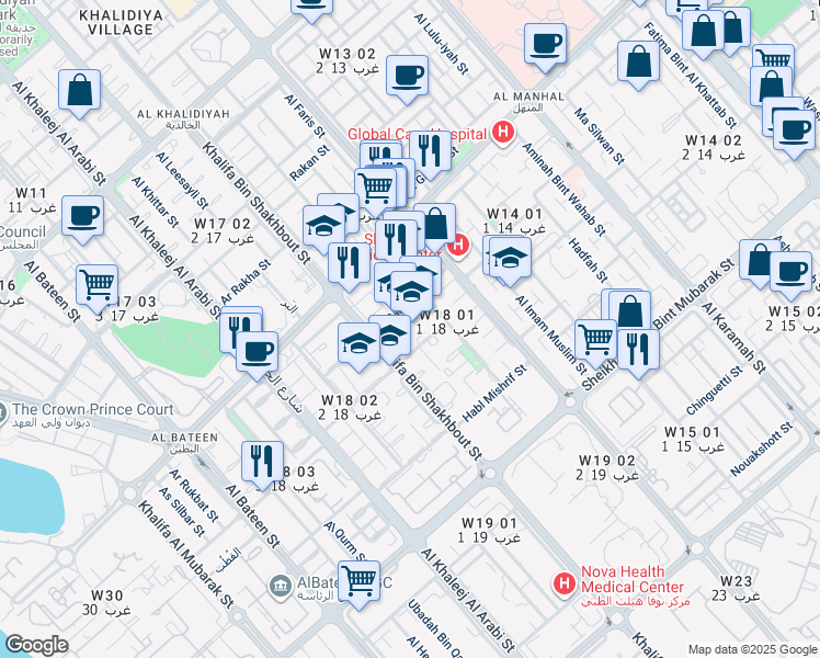 map of restaurants, bars, coffee shops, grocery stores, and more near 35 Al Najah Street in Abu Dhabi
