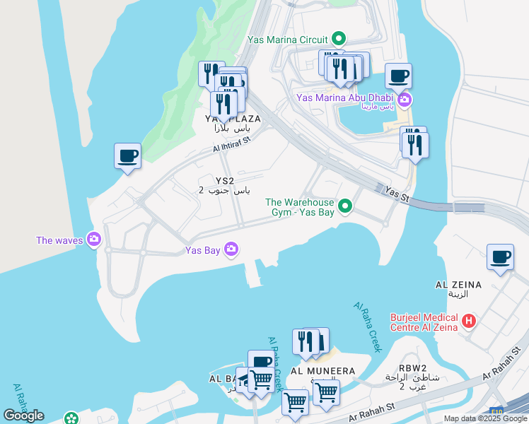 map of restaurants, bars, coffee shops, grocery stores, and more near Yas Street in Abu Dhabi