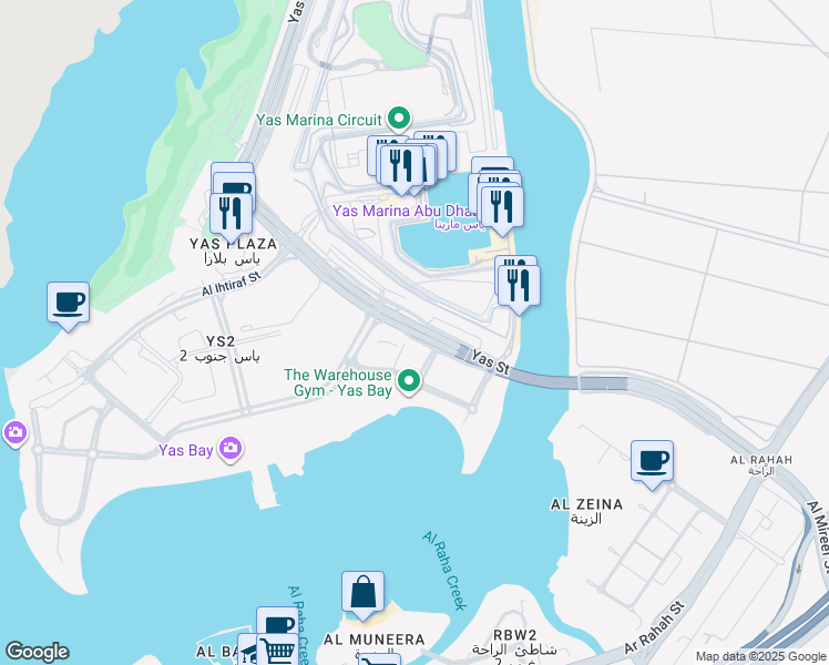 map of restaurants, bars, coffee shops, grocery stores, and more near Yas Street in Abu Dhabi