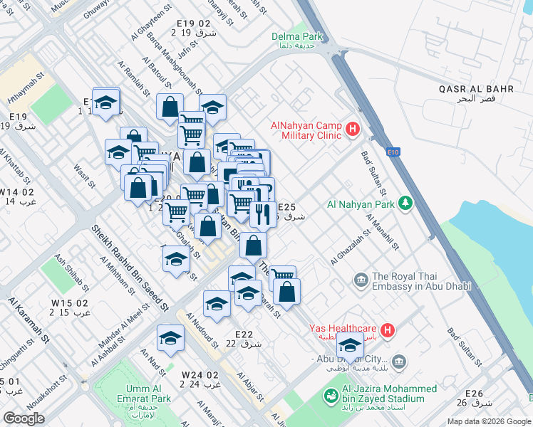 map of restaurants, bars, coffee shops, grocery stores, and more near in Abu Dhabi