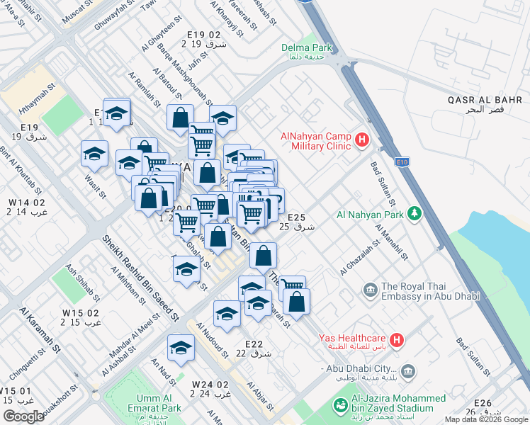 map of restaurants, bars, coffee shops, grocery stores, and more near in Abu Dhabi