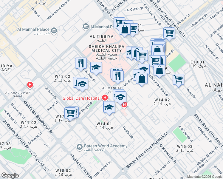 map of restaurants, bars, coffee shops, grocery stores, and more near in Abu Dhabi