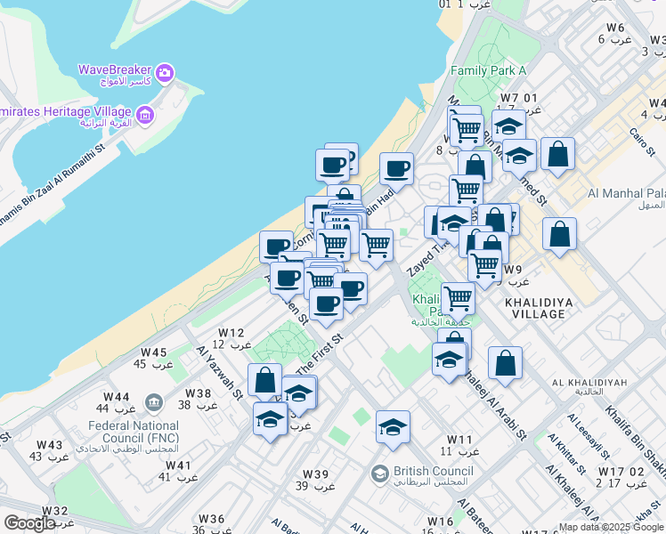 map of restaurants, bars, coffee shops, grocery stores, and more near Corniche Rd in Abu Dhabi