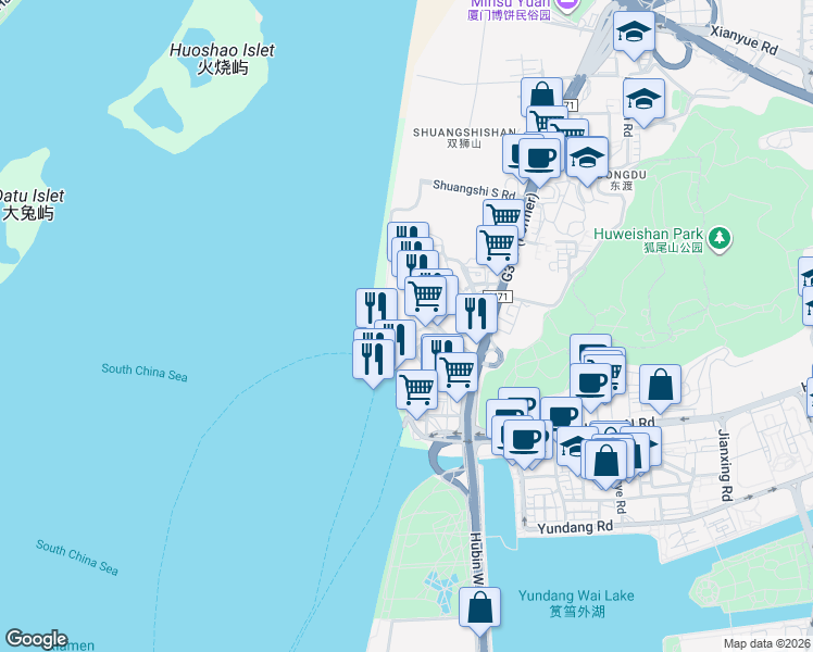 map of restaurants, bars, coffee shops, grocery stores, and more near 2 Dong Gang Lu in Xia Men Shi