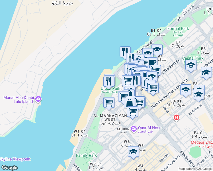 map of restaurants, bars, coffee shops, grocery stores, and more near Corniche Street in Abu Dhabi