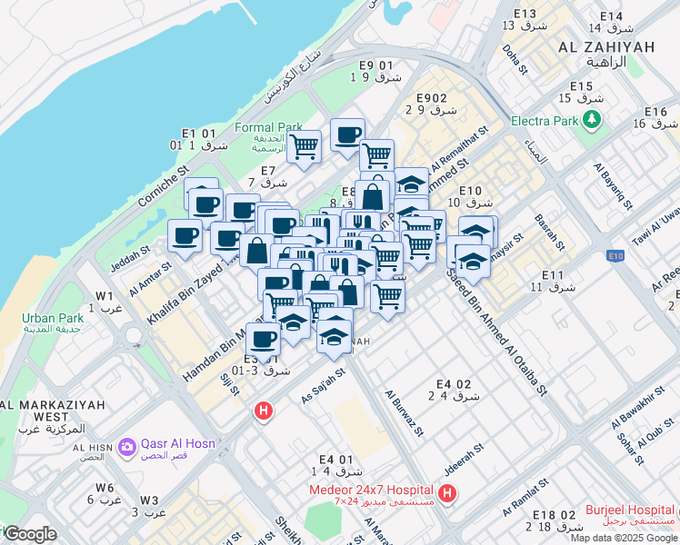 map of restaurants, bars, coffee shops, grocery stores, and more near Hamdan Bin Mohammed Street in Abu Dhabi