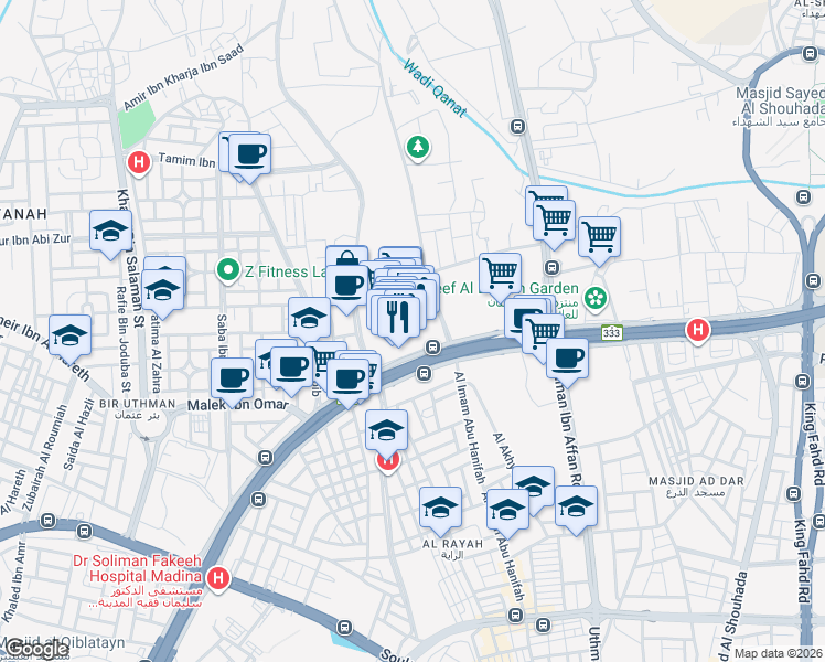 map of restaurants, bars, coffee shops, grocery stores, and more near King Abdullah Branch Road in Al-Madinah al-Munawwarah