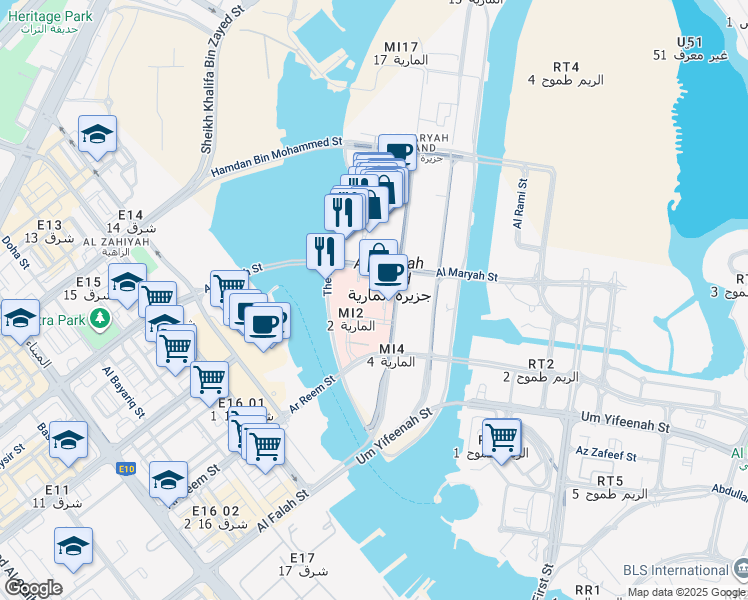 map of restaurants, bars, coffee shops, grocery stores, and more near 59 Hamouda Bin Ali Al Dhaheri Street in Abu Dhabi