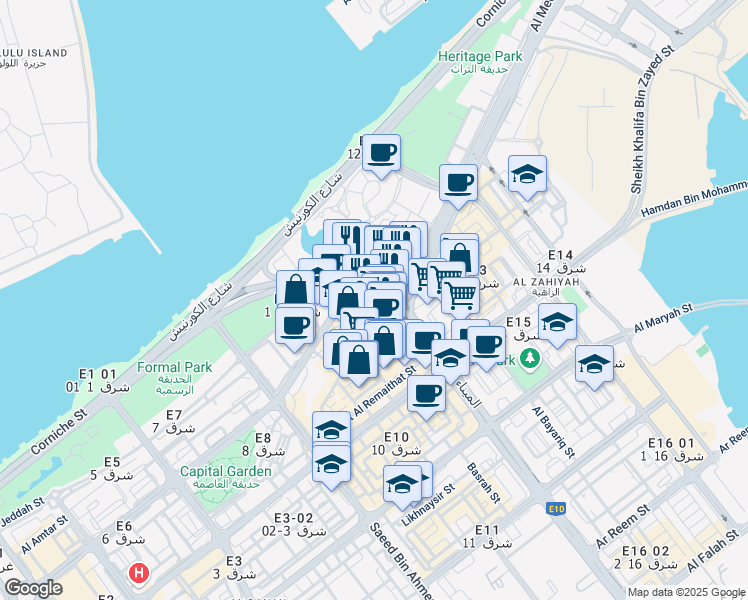 map of restaurants, bars, coffee shops, grocery stores, and more near Corniche Road East in Abu Dhabi