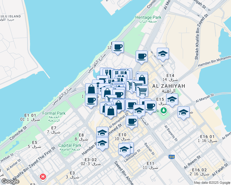 map of restaurants, bars, coffee shops, grocery stores, and more near Corniche Road East in Abu Dhabi
