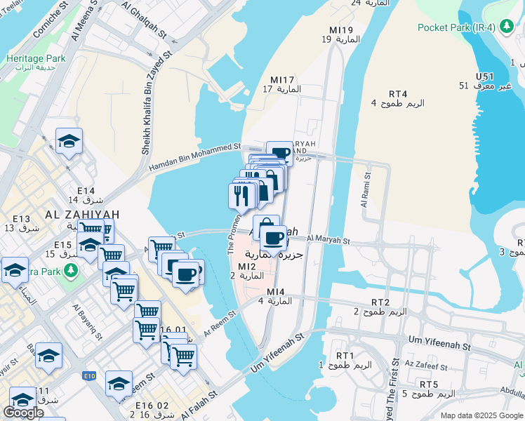 map of restaurants, bars, coffee shops, grocery stores, and more near in Abu Dhabi